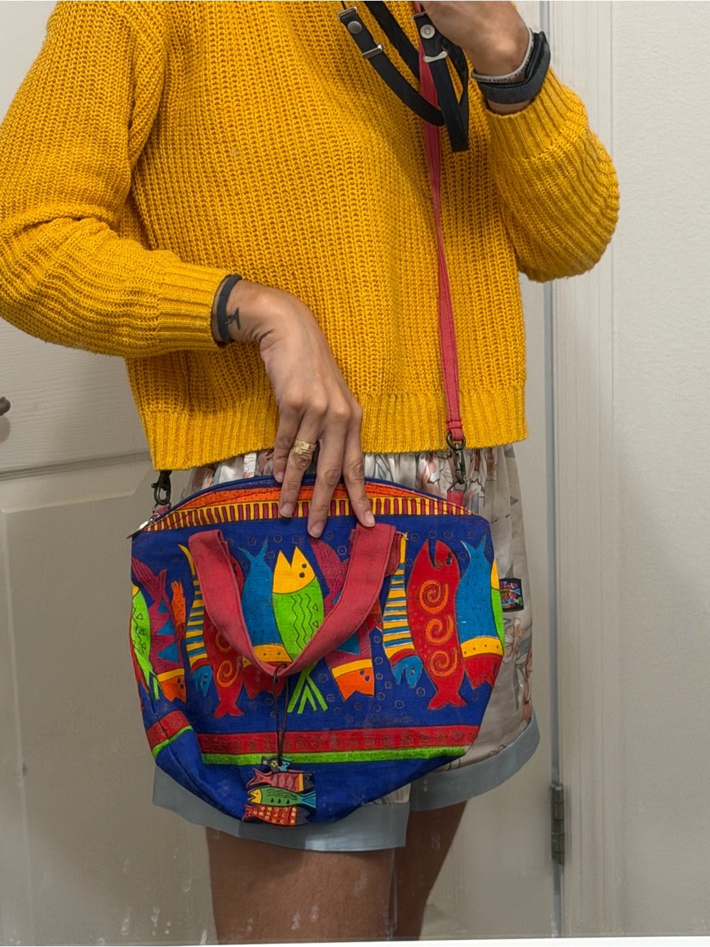 Laurel Burch Blue Fish-Print Tote with Red Handles
